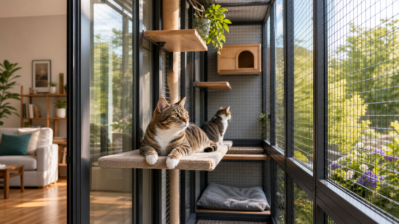 Indoor Cat HQ guide hero for Catios Explained: Safe Outdoor Time for Indoor Cats, covering catios for indoor cats for indoor cats