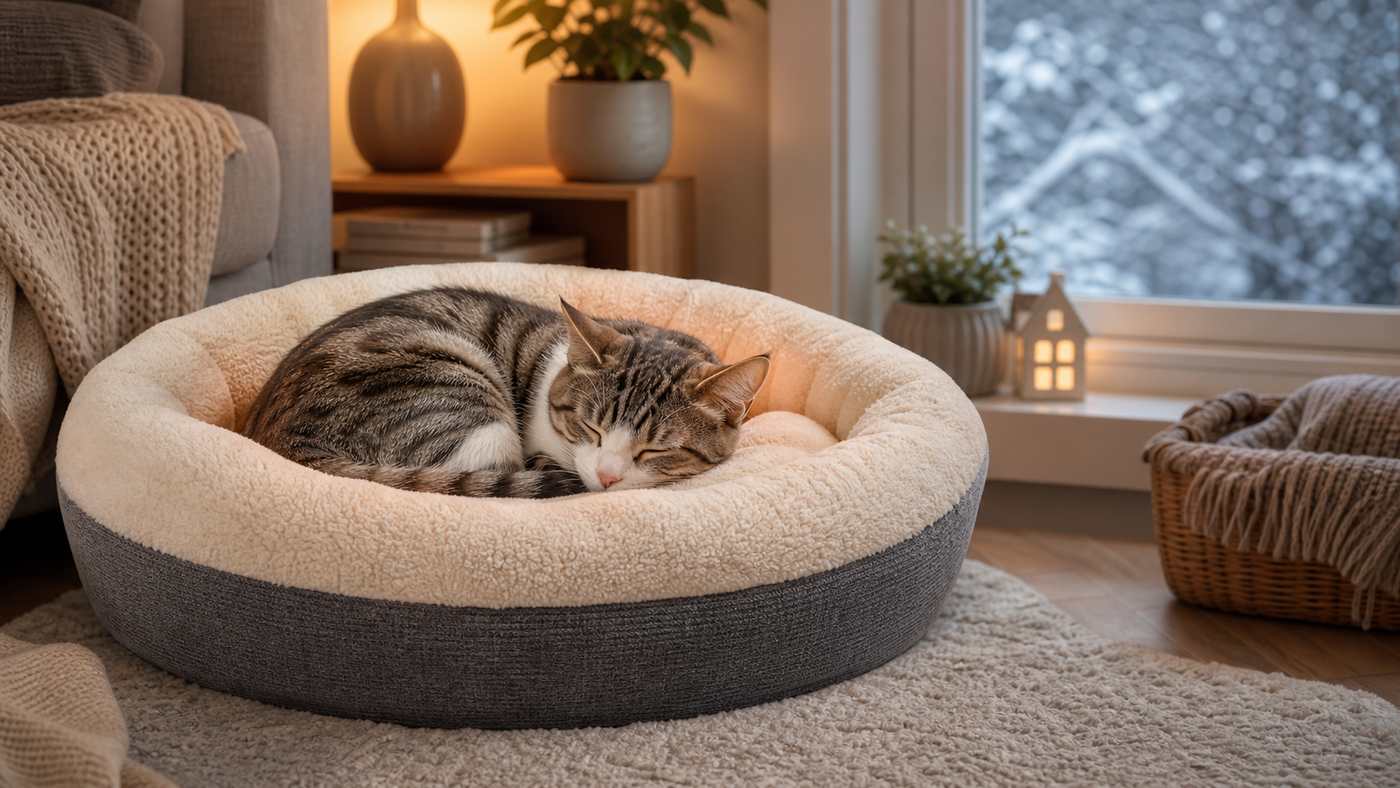 Indoor Cat HQ guide hero for Best Heated Cat Beds for a Cosy Winter, covering best heated cat beds for indoor cats