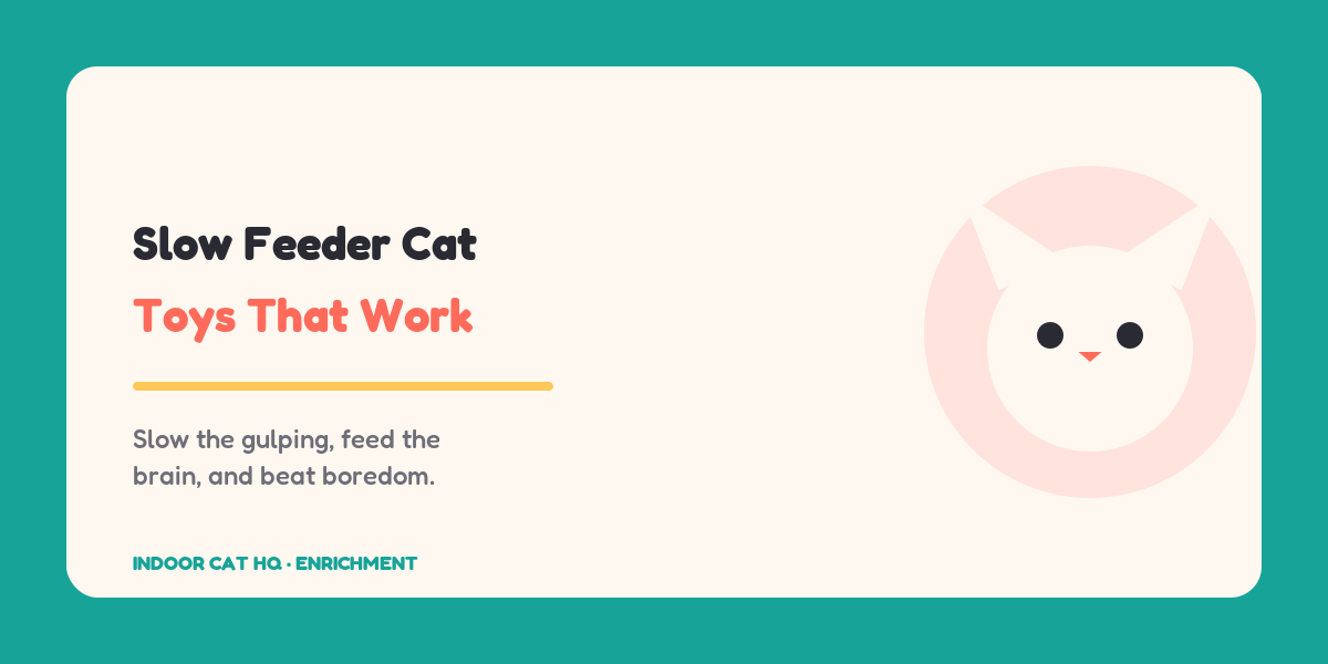 Indoor Cat HQ guide hero for Slow Feeder Cat Toys: Why They Work, covering slow feeder cat toys for indoor cats
