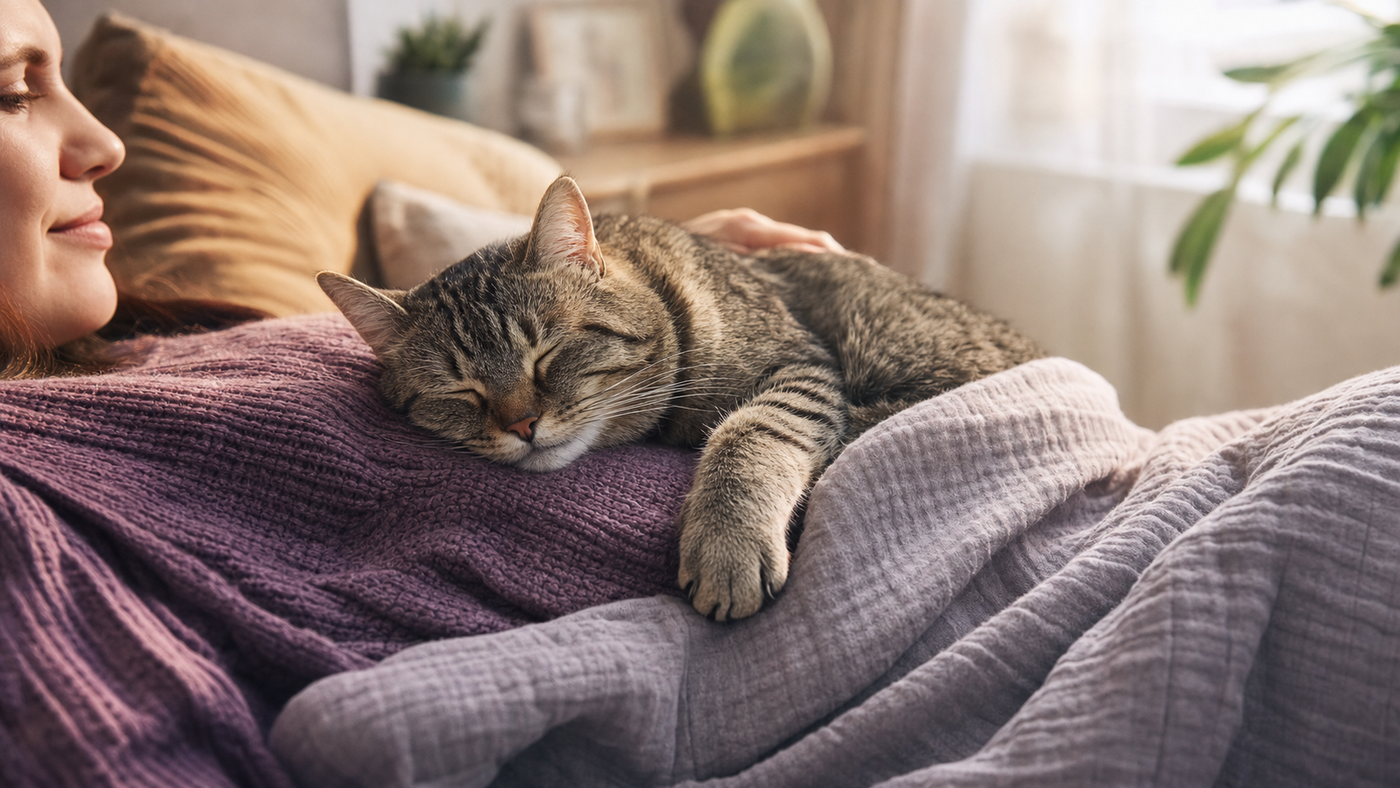 Indoor Cat HQ guide hero for Why Does My Cat Sleep on Me The Sweet Science Behind It, covering why does my cat sleep on me for indoor cats