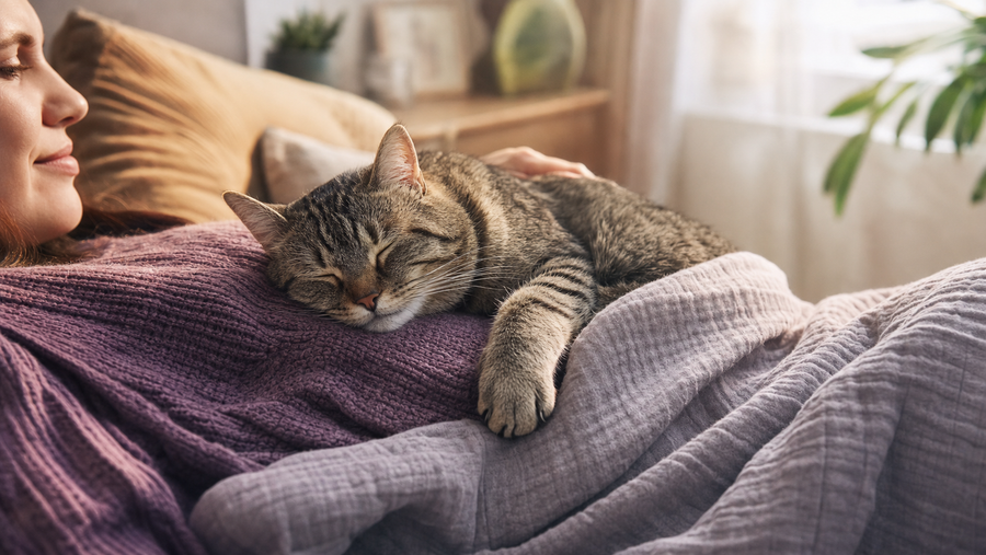 Indoor Cat HQ guide hero for Why Does My Cat Sleep on Me The Sweet Science Behind It, covering why does my cat sleep on me for indoor cats