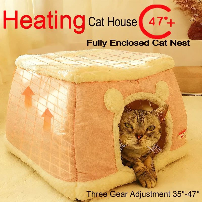 360 enclosed heated cat cave bed with cozy winter cover in pink