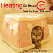 360 enclosed heated cat cave bed with cozy winter cover in pink