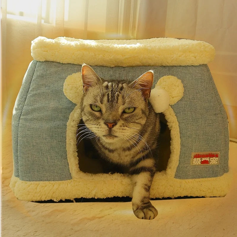 Heated cat cave bed interior showing plush winter lining