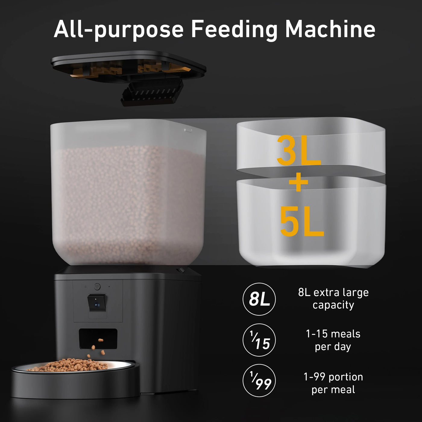 Camera cat feeder 8L hopper capacity view