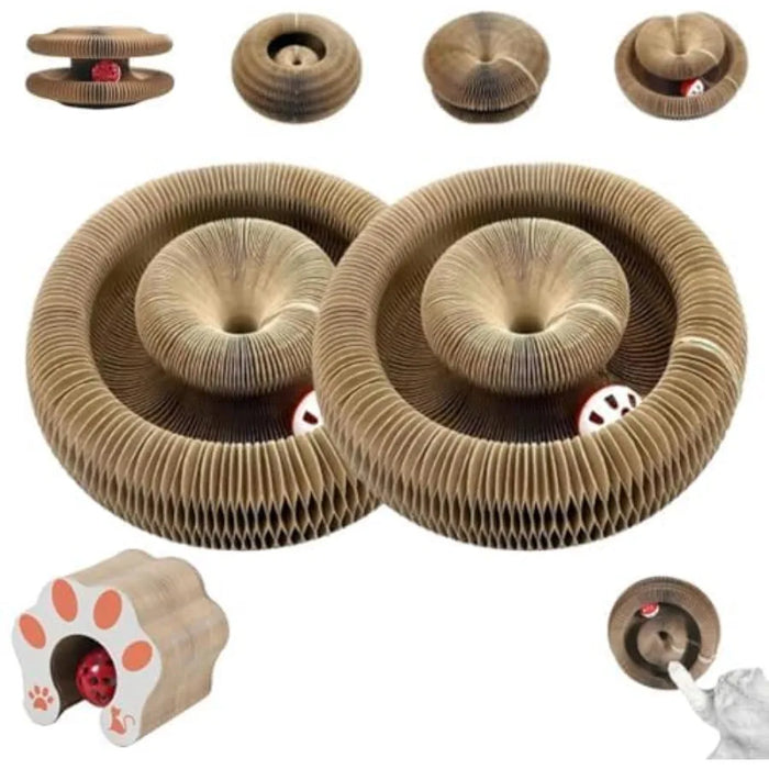 Foldable accordion cat scratcher tunnel with ball track