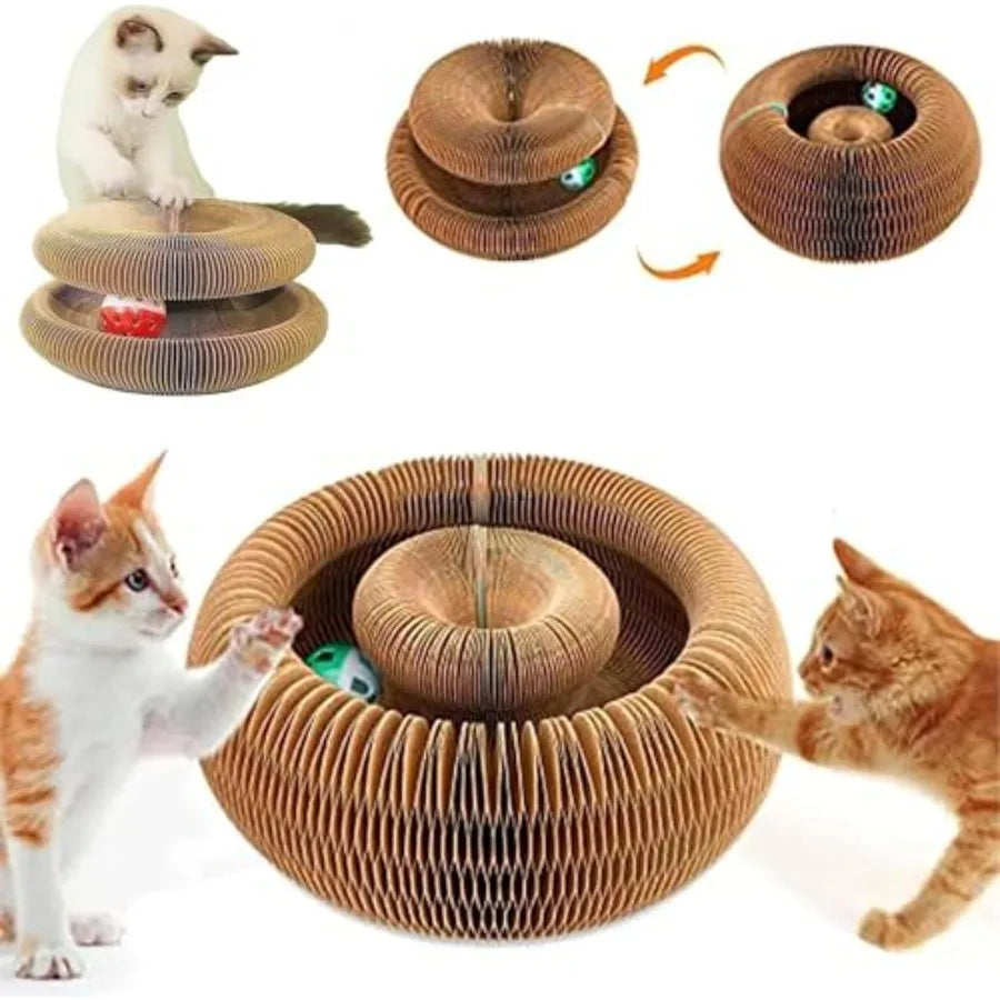 Accordion cat tunnel toy with built-in ball chase track
