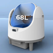 Open self-cleaning litter box showing sifting system