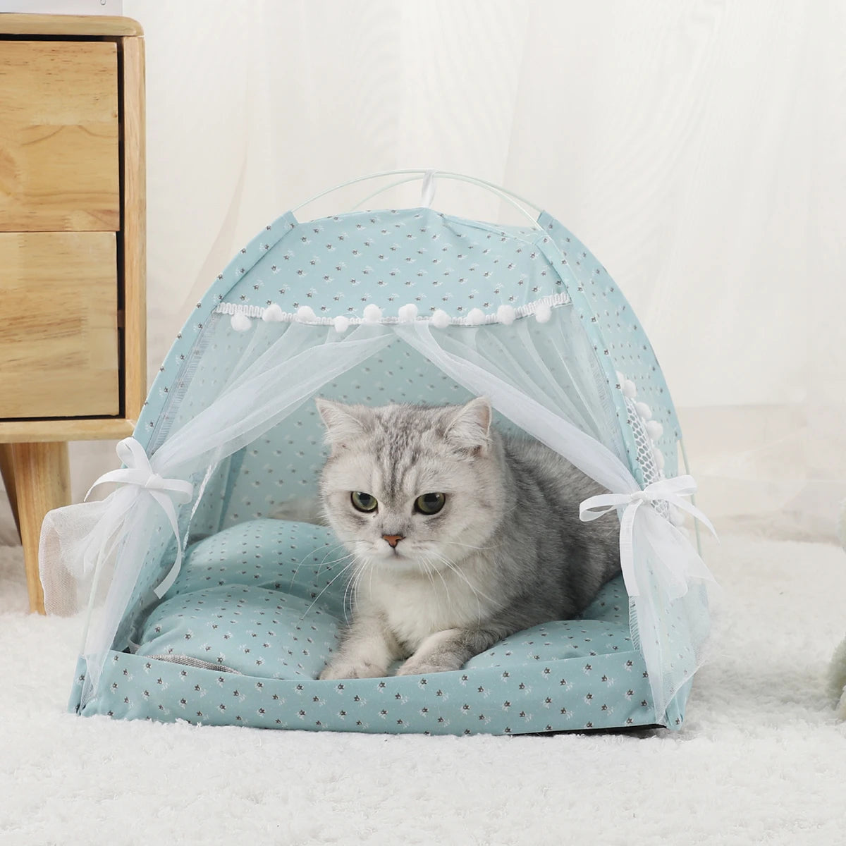 Cyan grey clamshell tent bed for cats