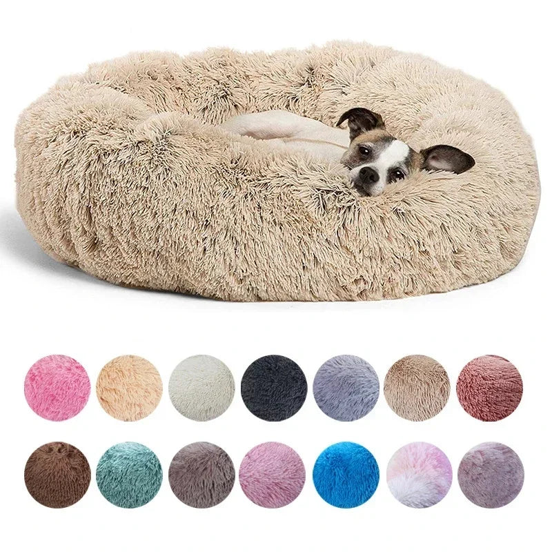 Round plush donut cat bed with raised rim for curl-up sleep