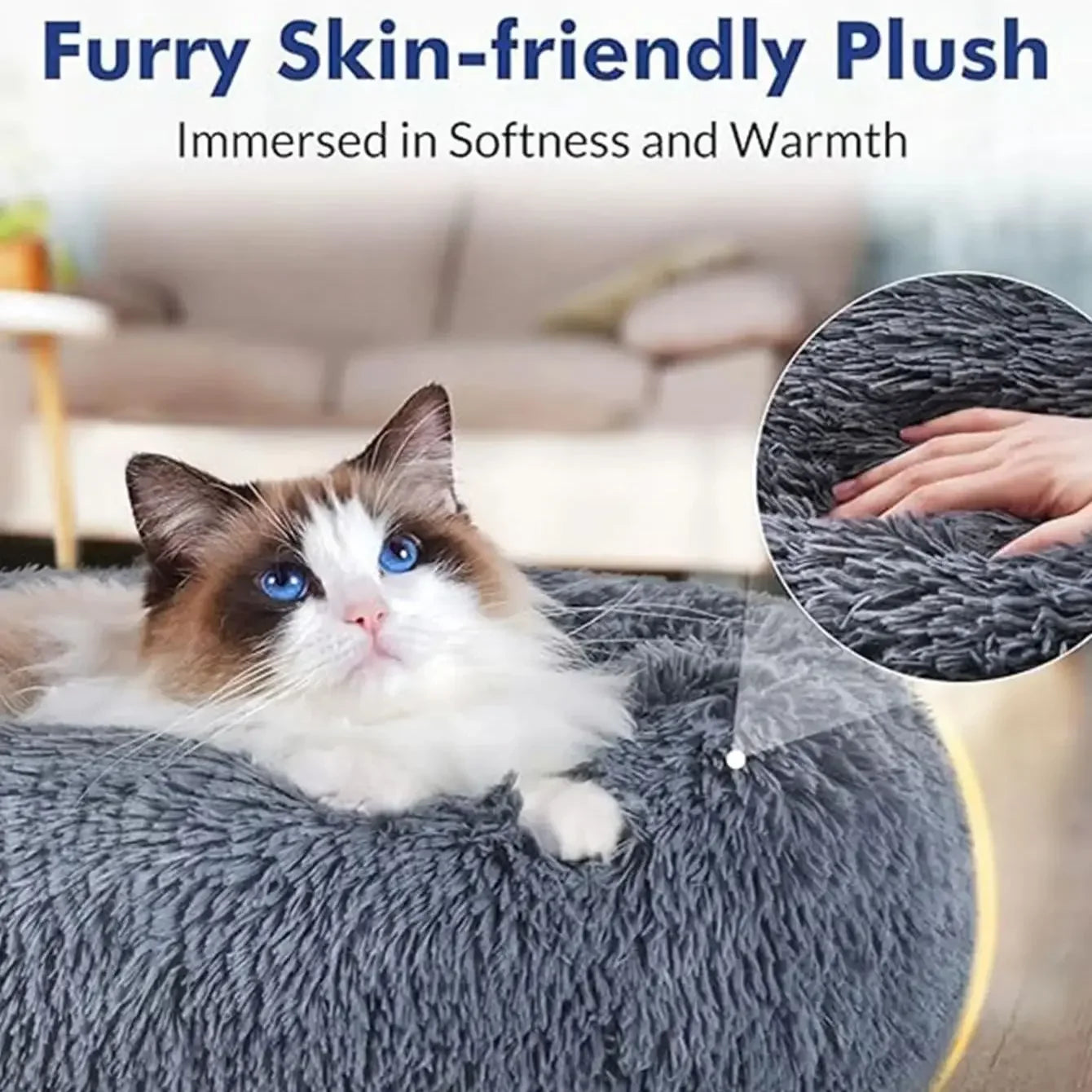 Flower grey plush donut bed for cats