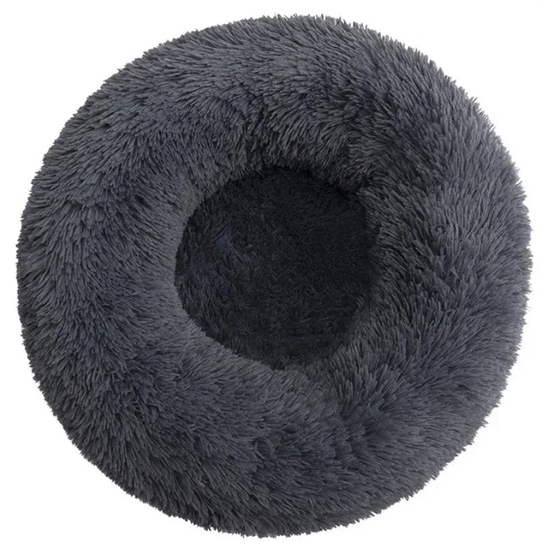 Round plush cat bed raised rim close-up