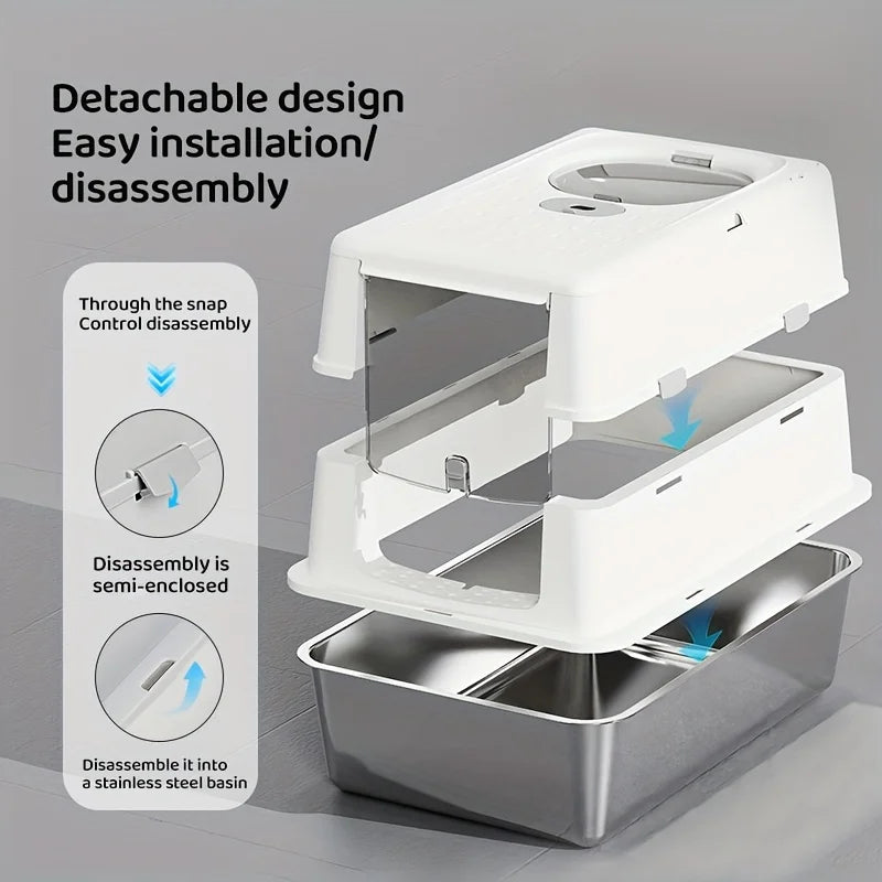 Detachable covered litter box sections above stainless steel lower tray