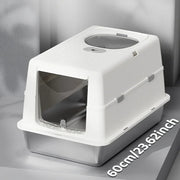 White covered cat litter box with stainless steel pan and front flap