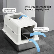 Covered litter box showing front doorway and top opening access routes