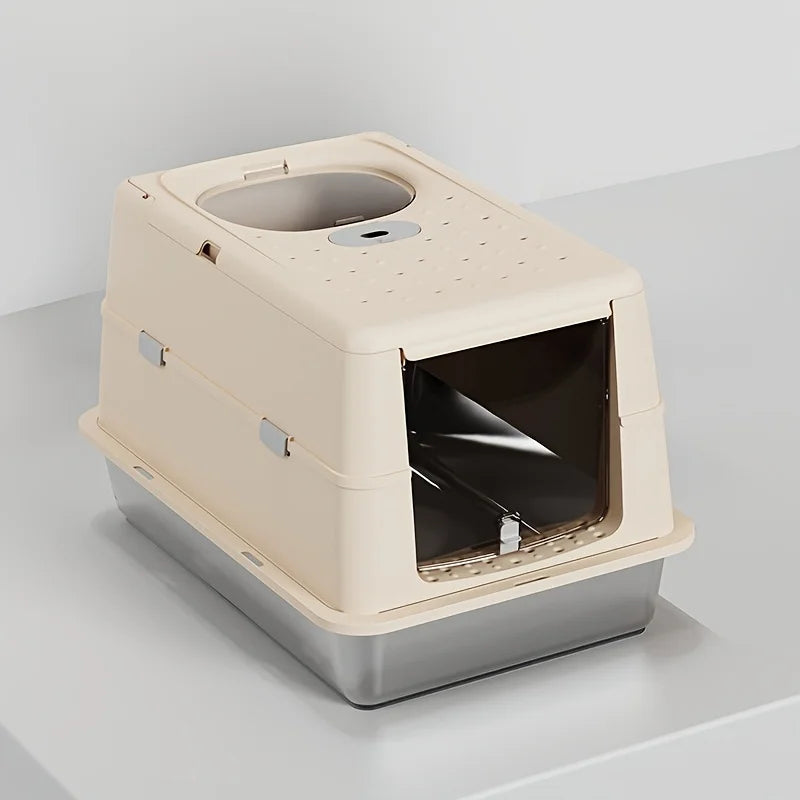 Khaki covered cat litter box with stainless steel lower pan
