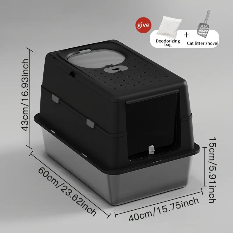 Black M covered litter box with 15 cm deep stainless steel tray