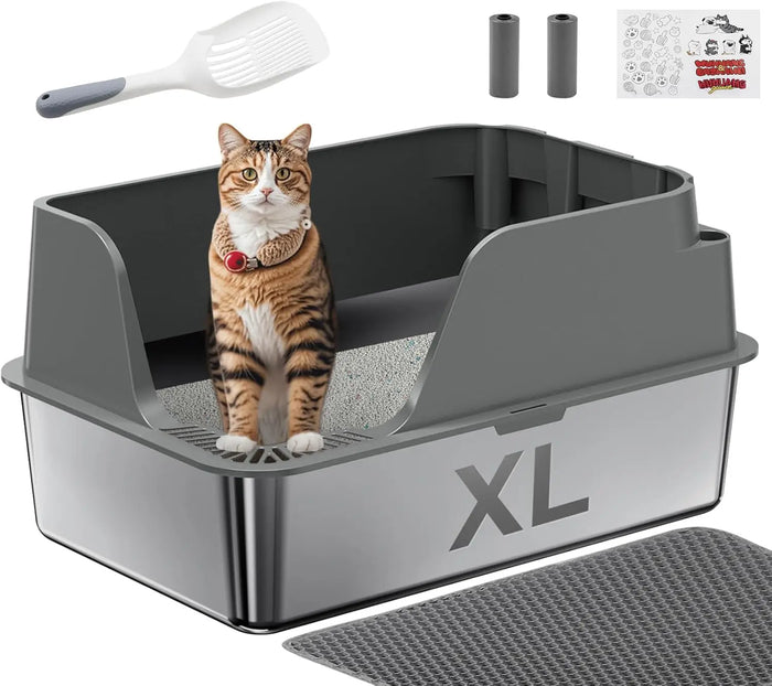 Extra large stainless steel cat litter box with splash guard