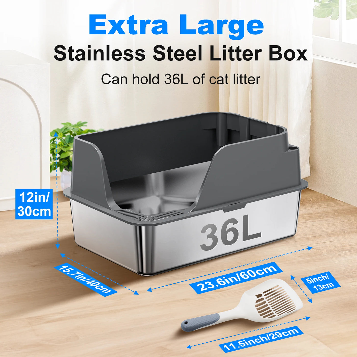 XL stainless litter box in white with high walls