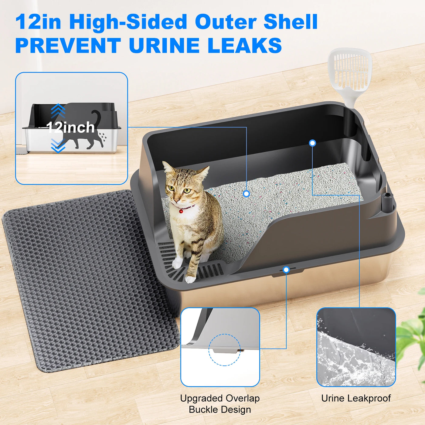 Grey XL stainless steel litter tray for big cats