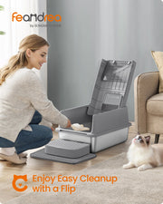 Feandrea litter box in light grey with flip lid open