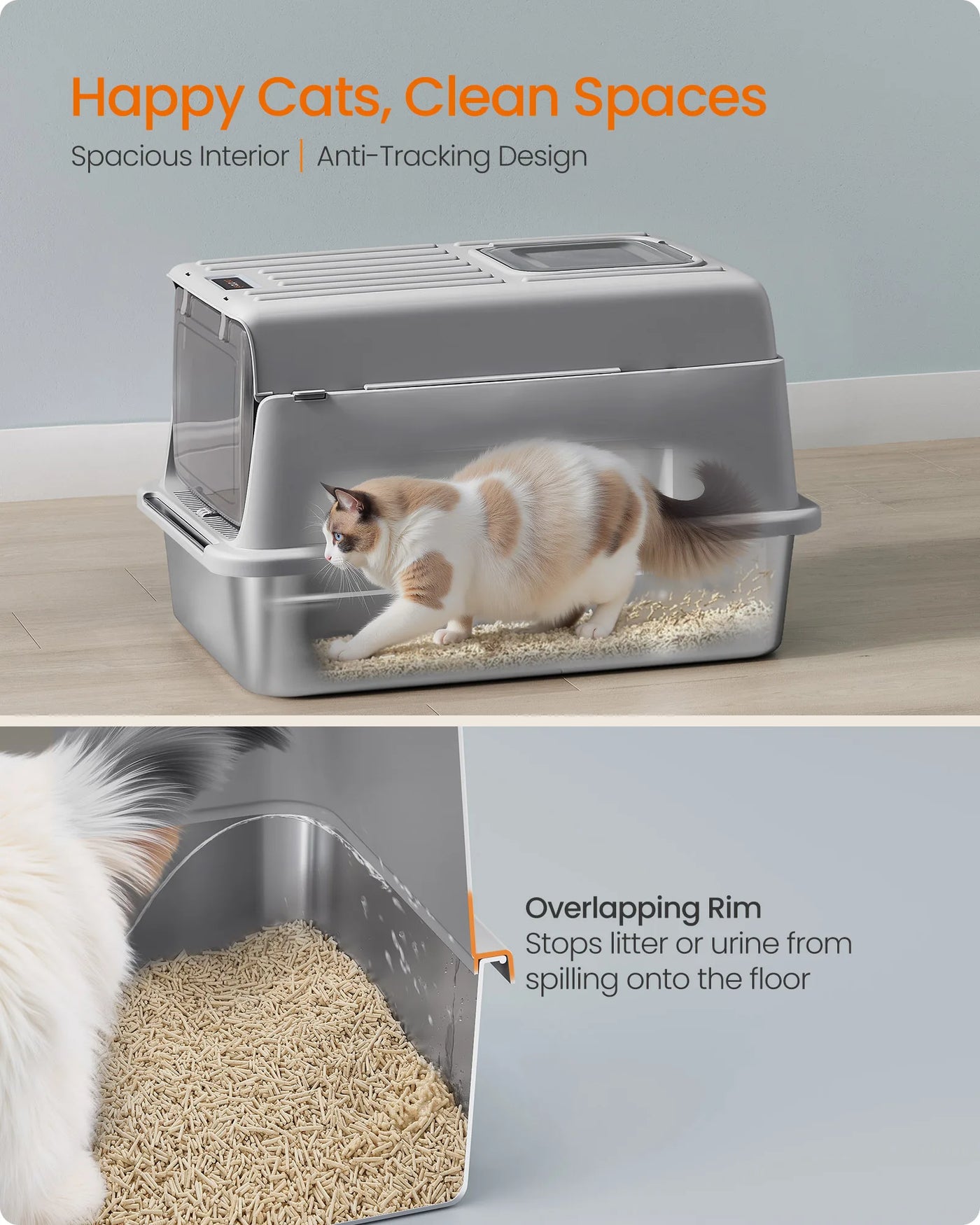 Flip lid scooping access on stainless litter box