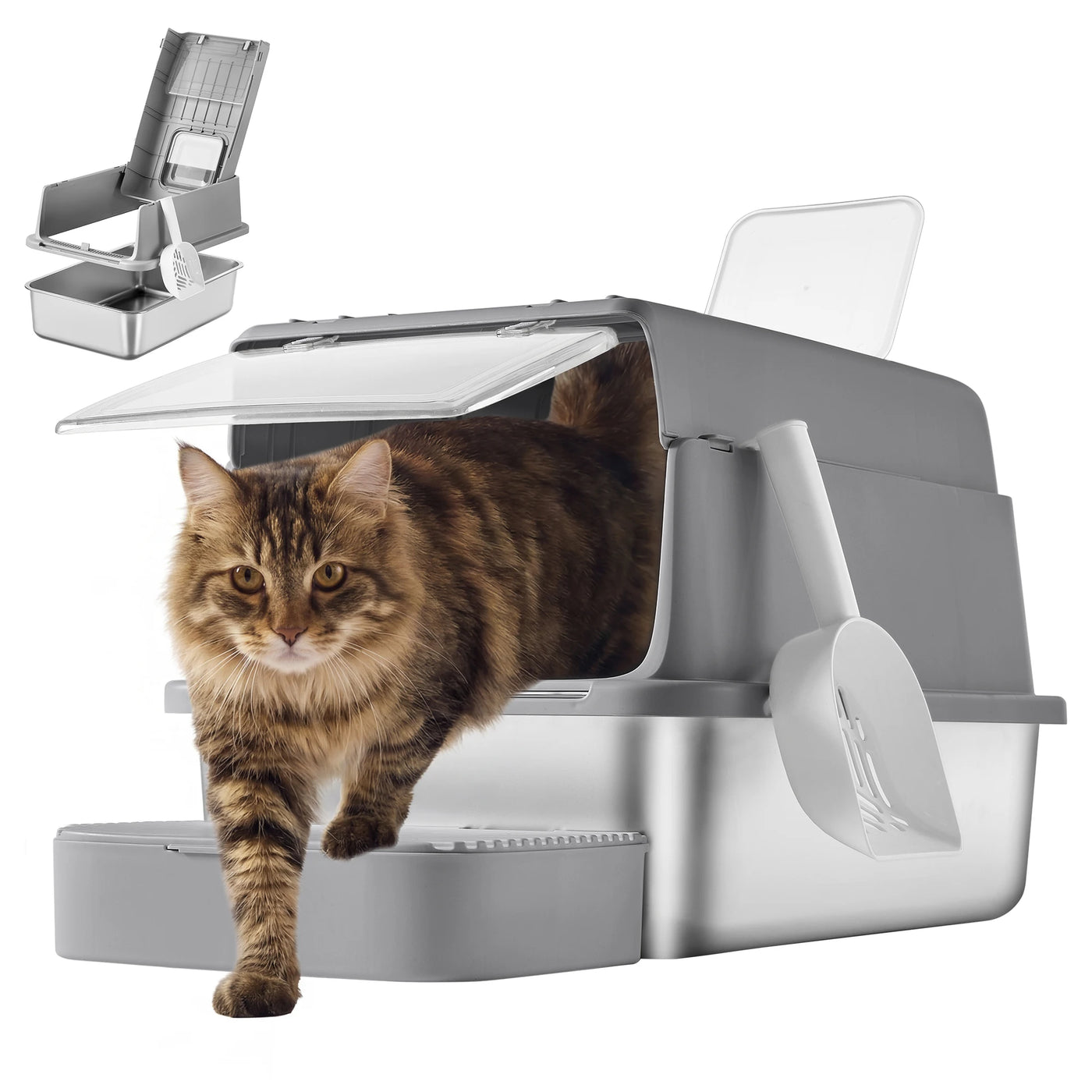 Feandrea flip lid stainless litter box full view