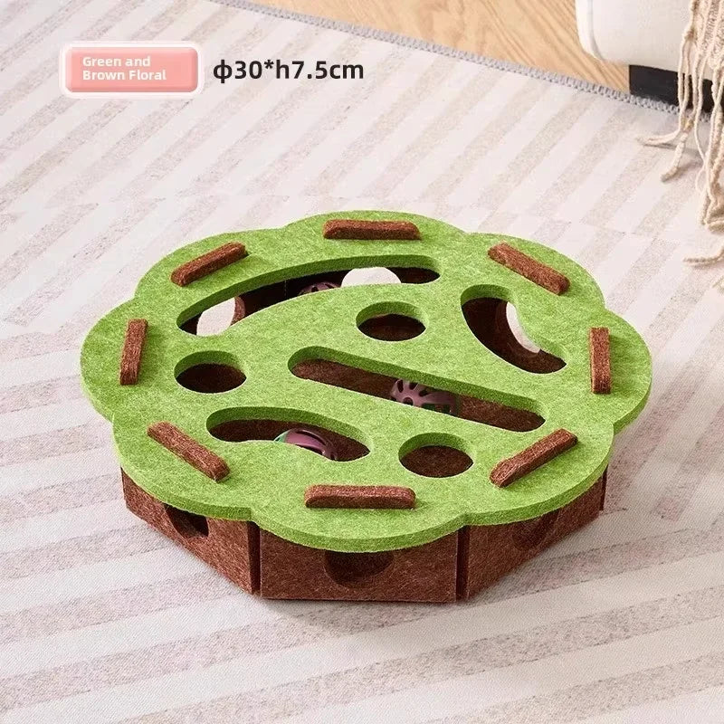 Cat puzzle foraging mat with kibble hidden in felt folds