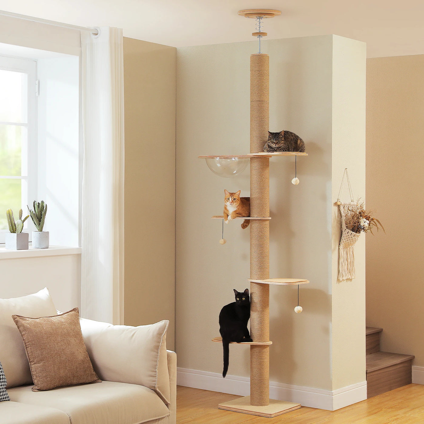 Tall wooden cat tree with sisal scratching posts, L size