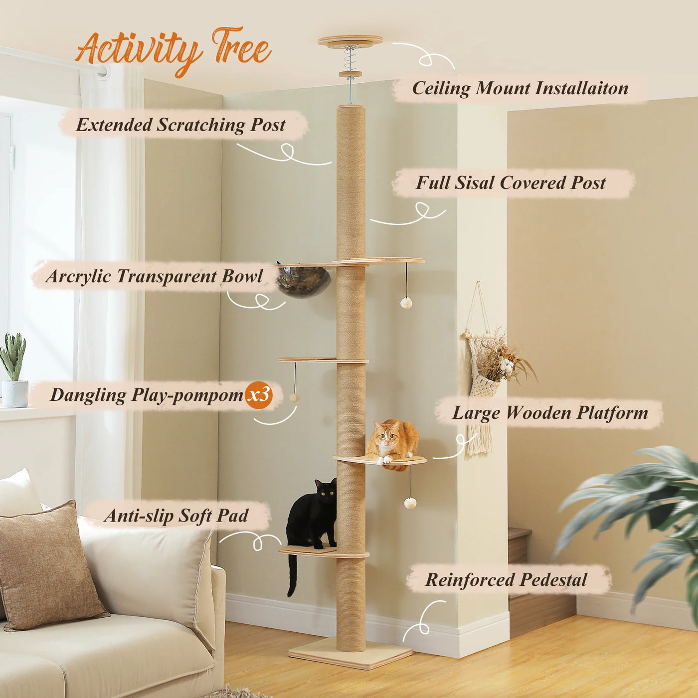 Timber-look cat tree perch levels