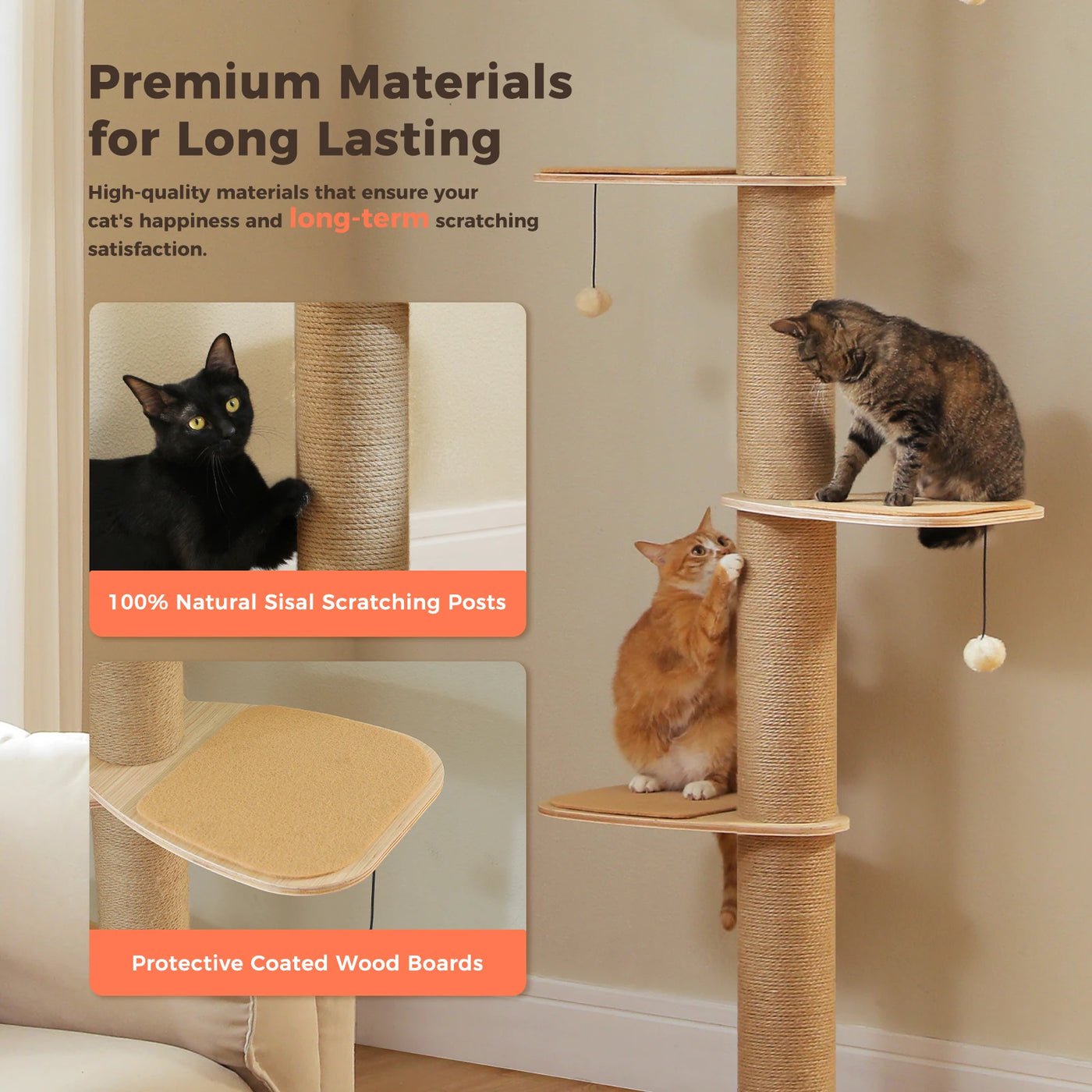 Tall wooden cat tree structure view