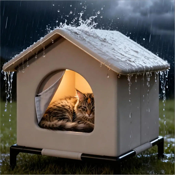 Foldaway outdoor cat shelter with mat, portable cube design