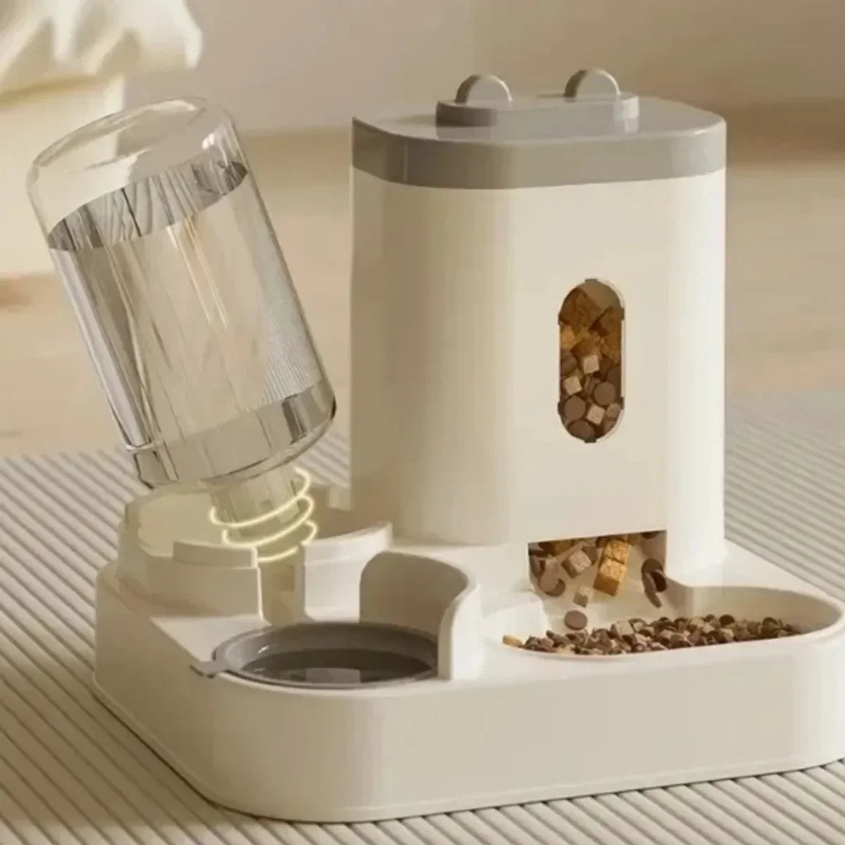 White gravity cat feeder with water dispenser