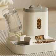White gravity cat feeder with water dispenser