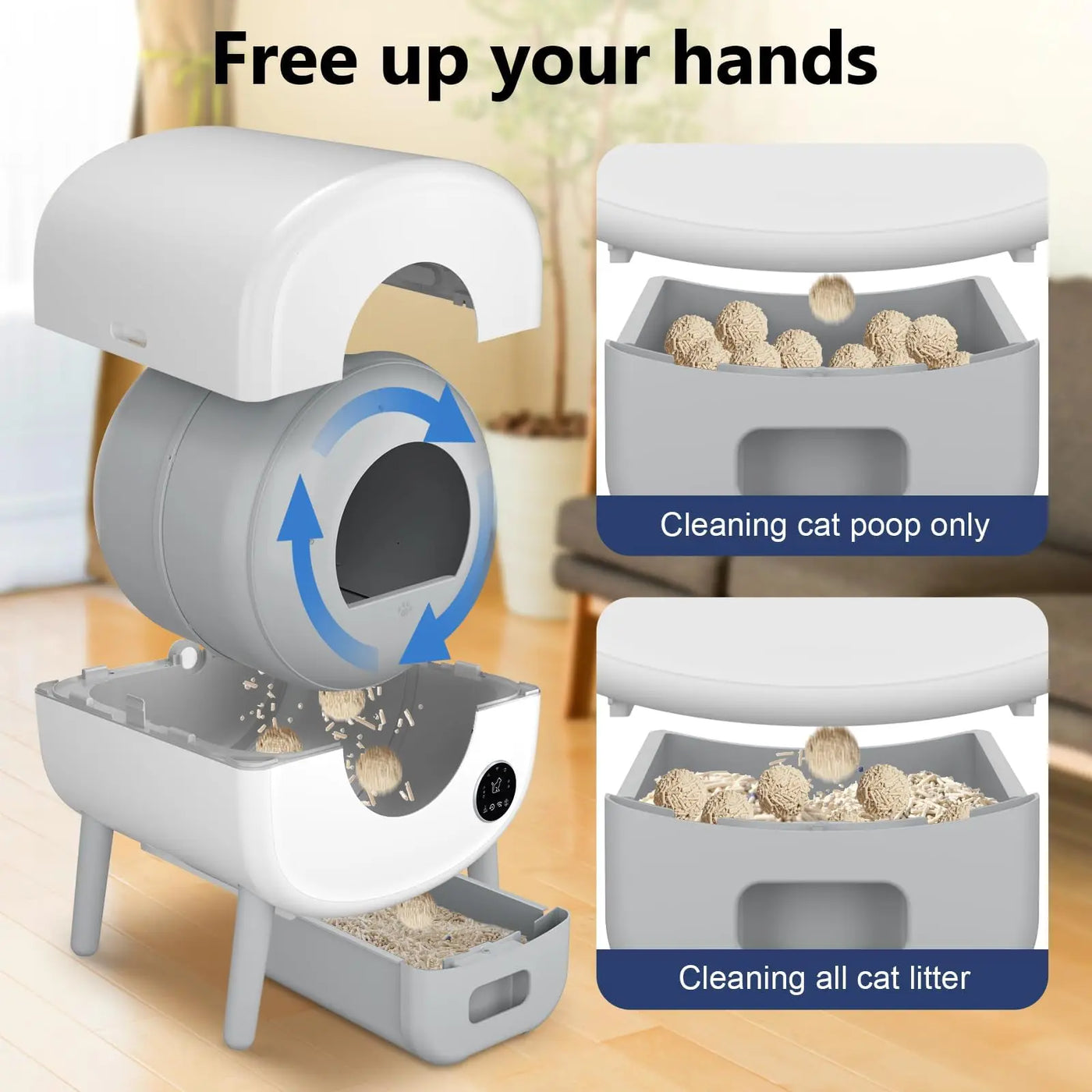 Fumoi enclosed self-cleaning litter box design