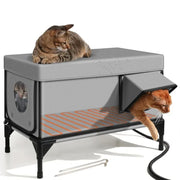 Heated outdoor cat shelter in grey with wind and rain protection