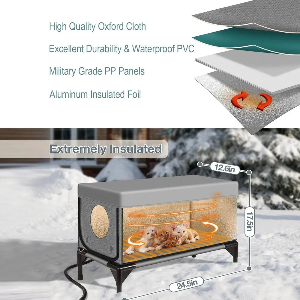 Outdoor heated cat house entrance detail