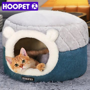 Plush cat cave bed house in warm blue — enclosed covered cat bed for winter