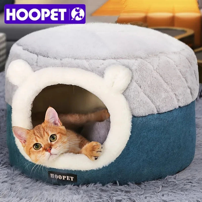 Plush cat cave bed house in warm blue — enclosed covered cat bed for winter