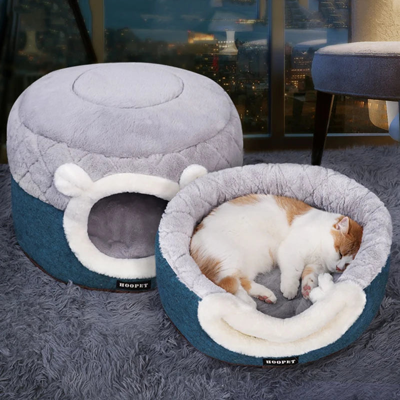 Enclosed cat bed house entrance — single-door plush cat cave design