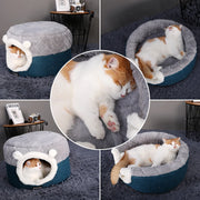 Blue plush enclosed cat cave bed side view showing roofed den shape