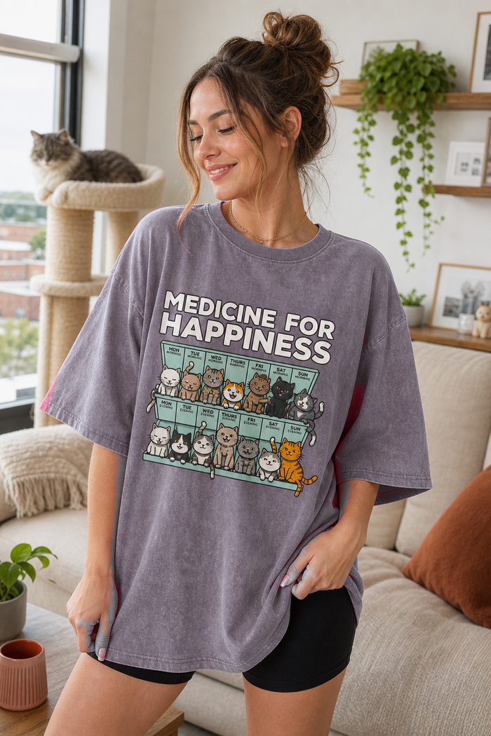 Black Medicine for Happiness cat graphic tee in washed cotton