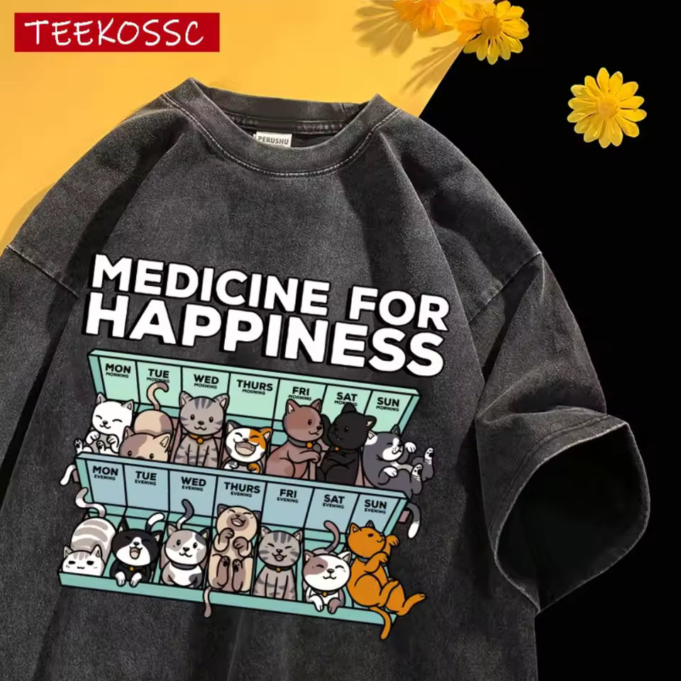 Medicine for Happiness cat tee black print detail