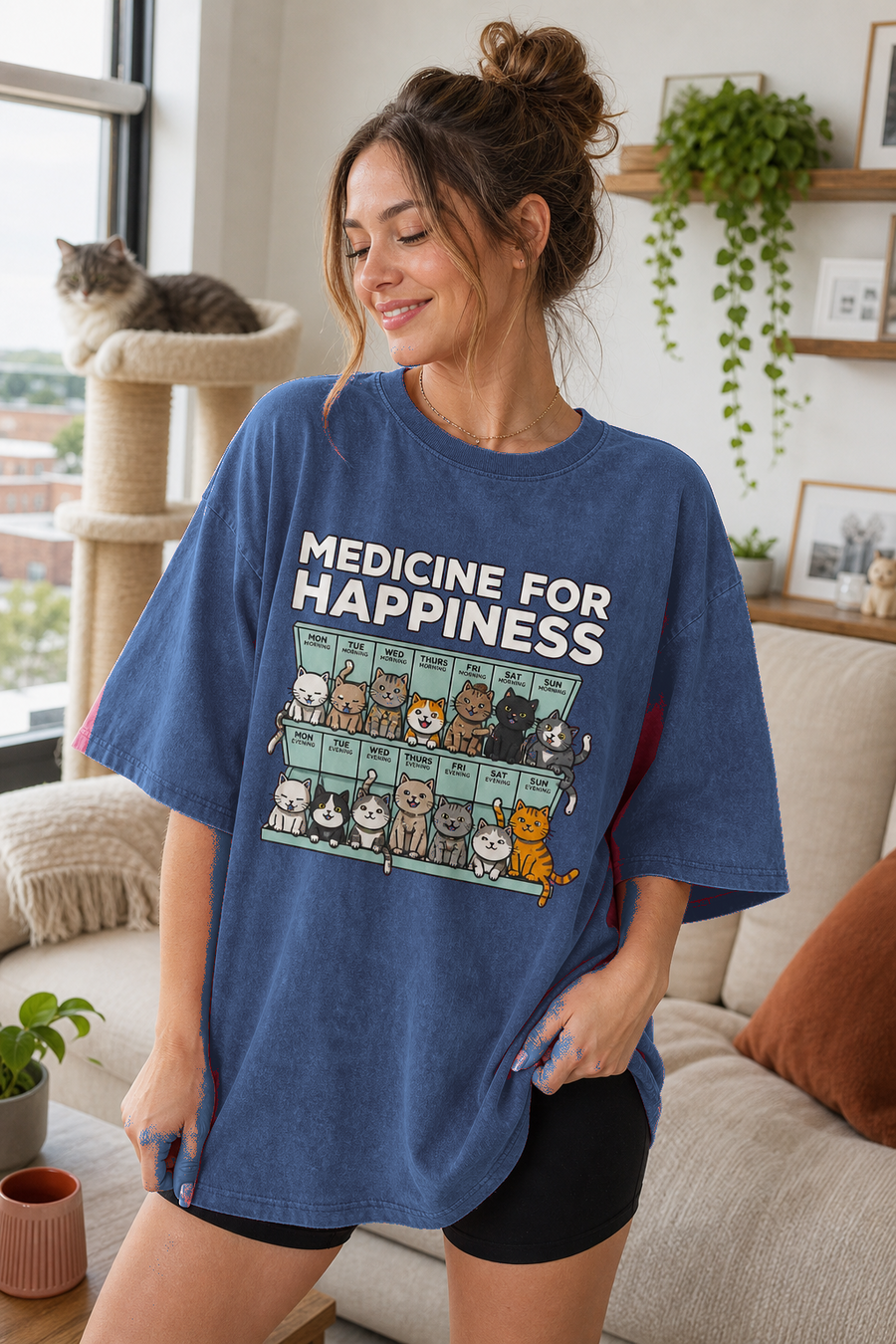 Funny Cat T-Shirt 'Medicine for Happiness' – Blue Washed Cotton Graphic Tee