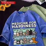 Medicine for Happiness cat tee blue print detail