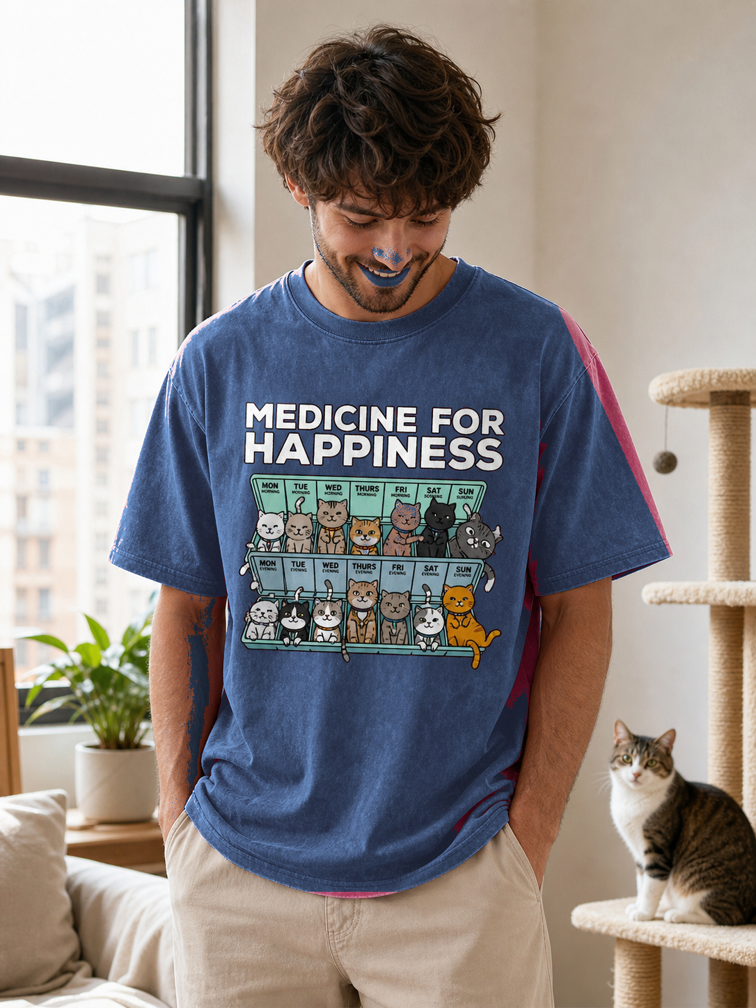 Blue cat lover t-shirt fit view