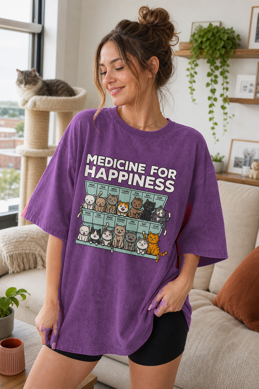 Medicine for Happiness Funny Cat T-Shirt – Purple