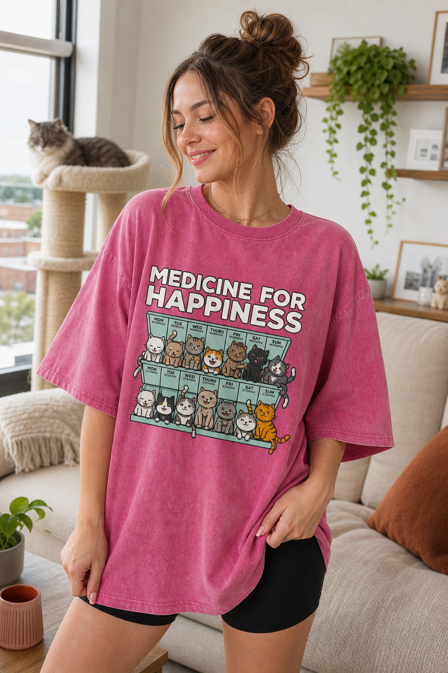 Medicine for Happiness Funny Cat T-Shirt – Rose Red