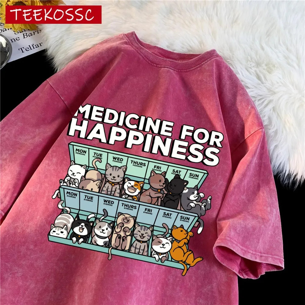 Medicine for Happiness cat tee rose red front print detail