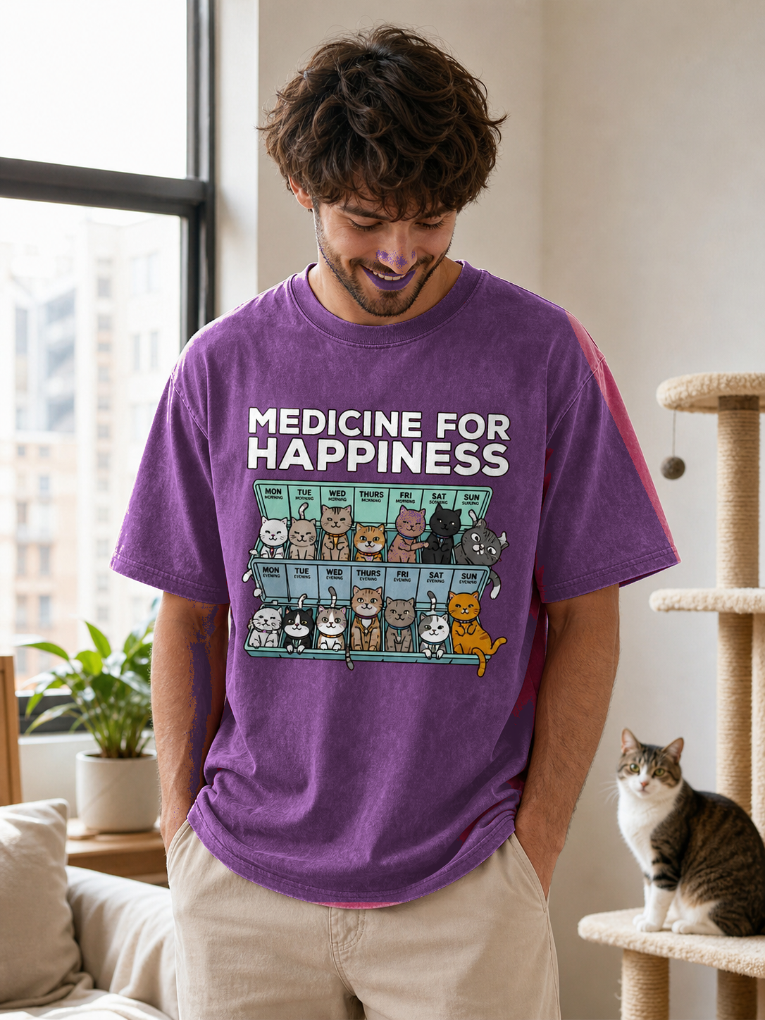 Man wearing Medicine for Happiness Cat Tee in Purple